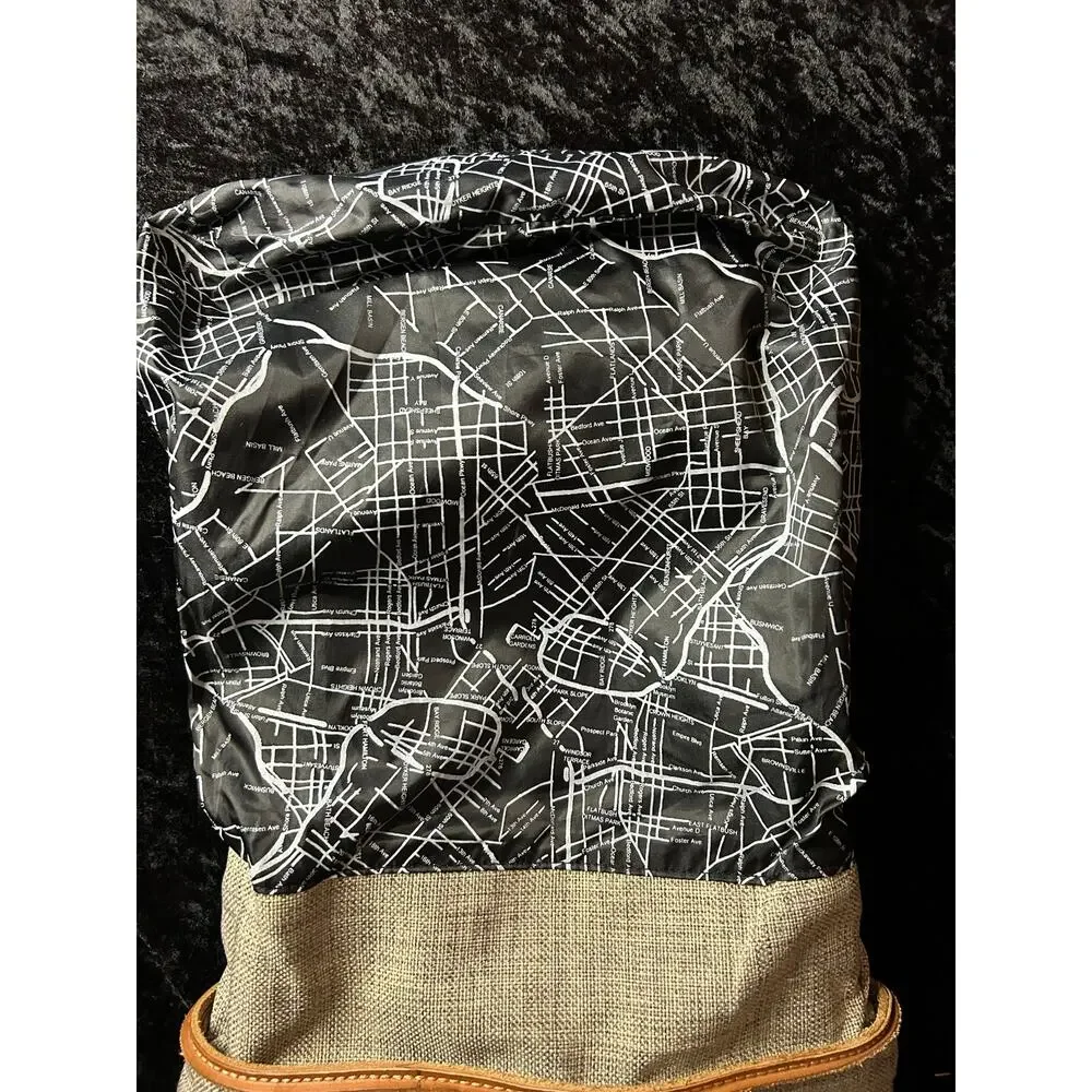 STATE Bags Roll Top Backpack – Gray with Leather Trim Map Print Lining